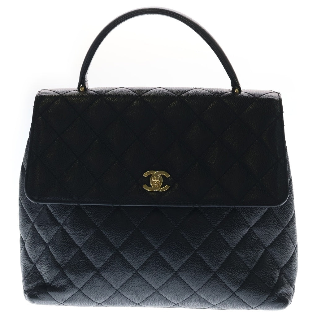CHANEL(シャネル) マトラッセ ココマーク ターンロック トップハンドル ケリー型 ハンドバッグ ブラック キャビアスキン A12397 ゴールド金具 レディース