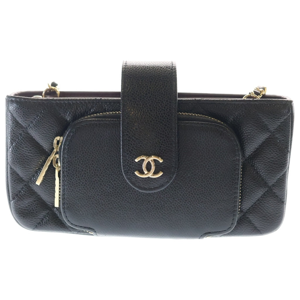 CHANEL(シャネル) マトラッセ フォンケース チェーンショルダーバッグ ミニバッグ ブラック キャビアスキン AP2916 ゴールド金具 レディース