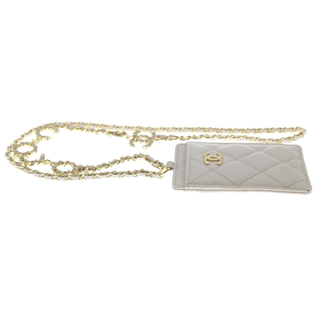 CHANEL(シャネル) ココマーク マトラッセ キャビアスキン ゴールド金具 チェーン カードケース カードホルダー パスケース ベージュ レディース