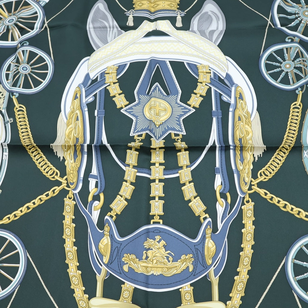 HERMES(エルメス) カレ90 ステイトリー・ホイールズ スカーフ グリーン シルク レディース