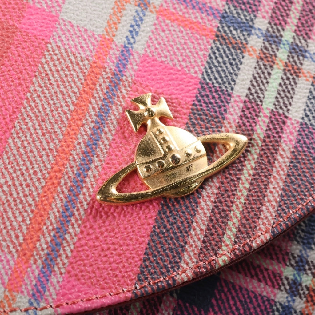 Vivienne Westwood(ヴィヴィアンウエストウッド) オーブロゴ チェック総柄 レザー 2WAY ハンド ショルダー バッグ ゴールド金具 レッド レディース