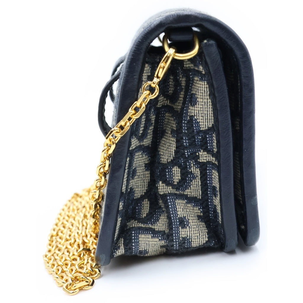 Christian Dior(クリスチャンディオール) オブリーク モンテーニュ ナノ チェーンショルダーバッグ ミニバッグ ネイビー レザー×キャンバス ゴールド金具 レディース