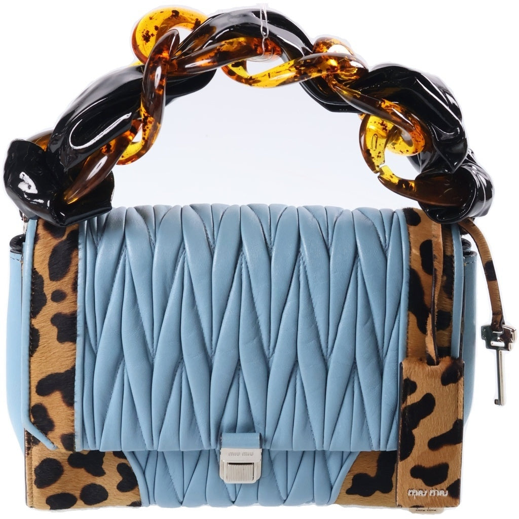 miumiu(ミュウミュウ) マテラッセ レオパード 2WAYハンドバッグ チェーンバッグ ショルダーバッグ ライトブルー×ブラウン レザー×ハラコ 5BD003 シルバー金具 レディース
