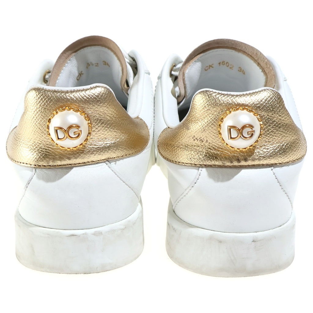 DOLCE & GABBANA(ドルチェアンドガッバーナ) Portofino ポルトフィーノ レザー フェイクパール ロゴ ローカットスニーカー #38 ホワイト/ゴールド