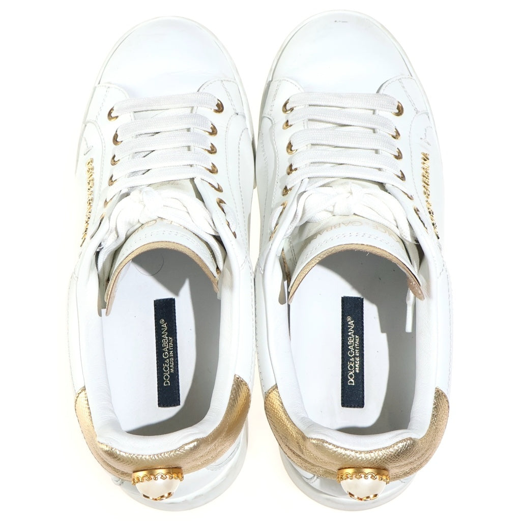 DOLCE & GABBANA(ドルチェアンドガッバーナ) Portofino ポルトフィーノ レザー フェイクパール ロゴ ローカットスニーカー #38 ホワイト/ゴールド