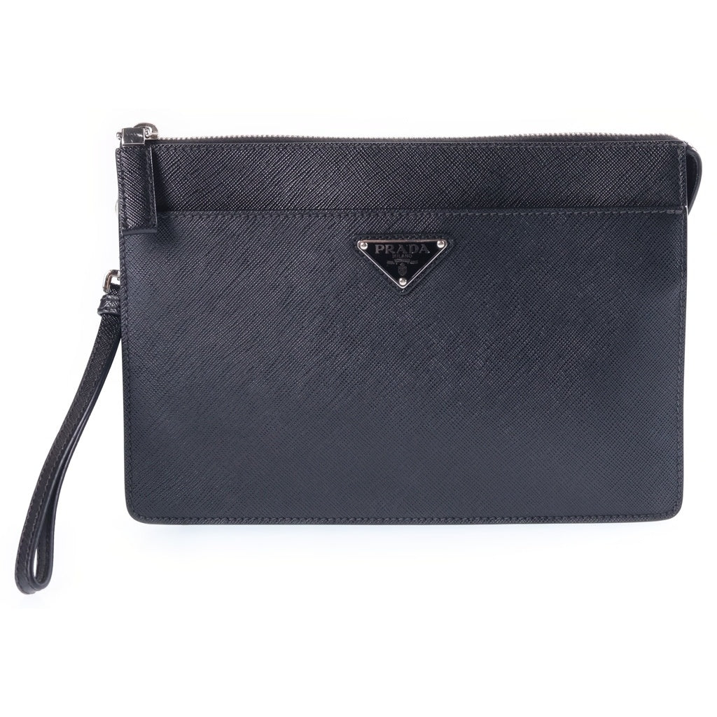 PRADA(プラダ) サフィアーノ クラッチバッグ セカンドバッグ ポーチ ブラック レザー 2VF032 シルバー金具
