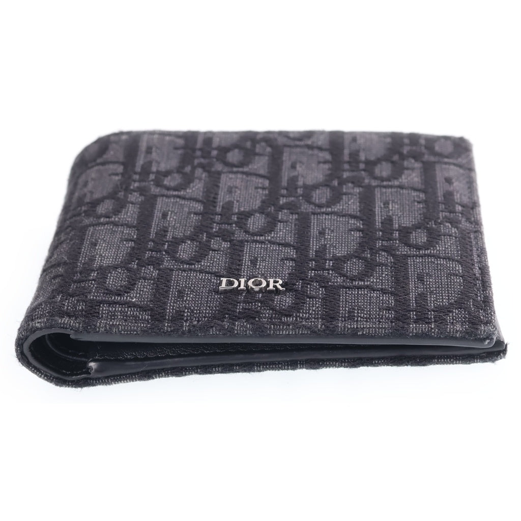 Christian Dior(クリスチャンディオール) オブリーク 二つ折り財布 コンパクトウォレット カードケース ブラック レザー×キャンバス レディース