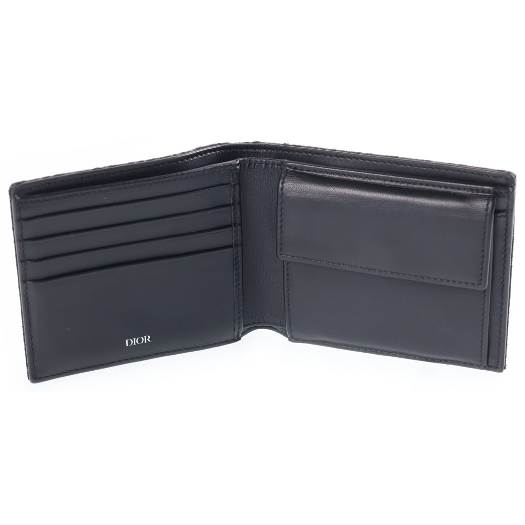 Christian Dior(クリスチャンディオール) オブリーク 二つ折り財布 コンパクトウォレット カードケース ブラック レザー×キャンバス レディース
