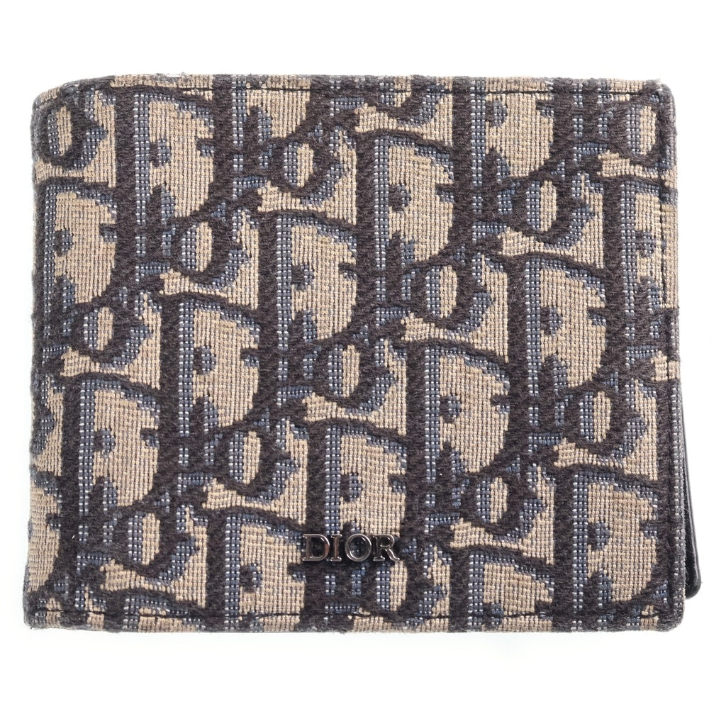 Christian Dior(クリスチャンディオール) オブリーク 二つ折り財布 コンパクトウォレット カードケース ベージュ レザー×キャンバス レディース