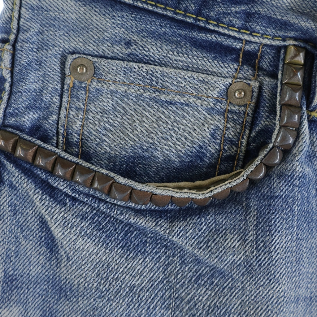 HYSTERIC GLAMOUR(ヒステリックグラマー) LEATHER PATCH DENIM PANTS 革パッチ スタッズ ボタンフライ デニムパンツ ジーンズ インディゴ