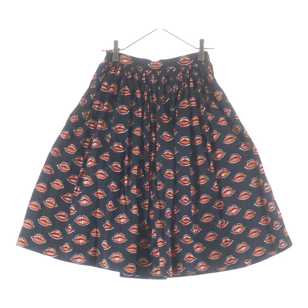 PRADA(プラダ) 総柄 リッププリント ギャザー タイトスカート レディース ブラック/オレンジ