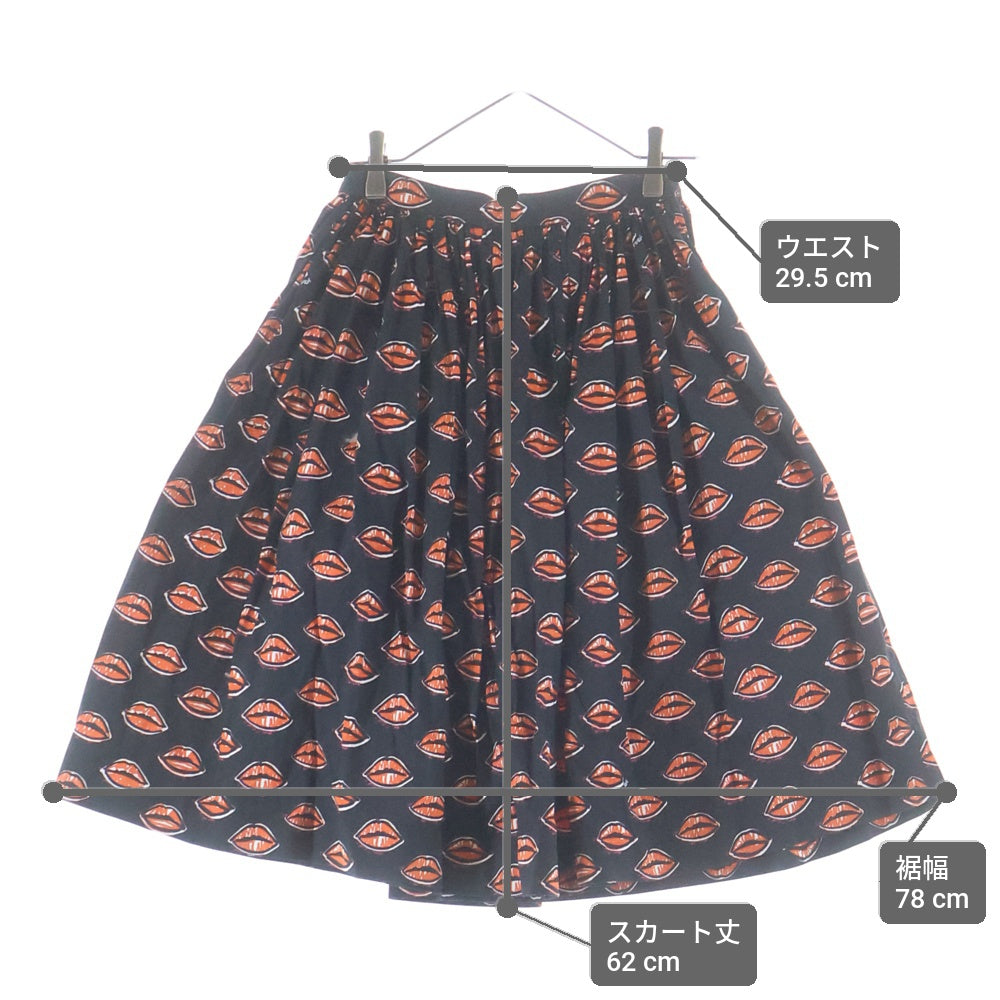 PRADA(プラダ) 総柄 リッププリント ギャザー タイトスカート レディース ブラック/オレンジ