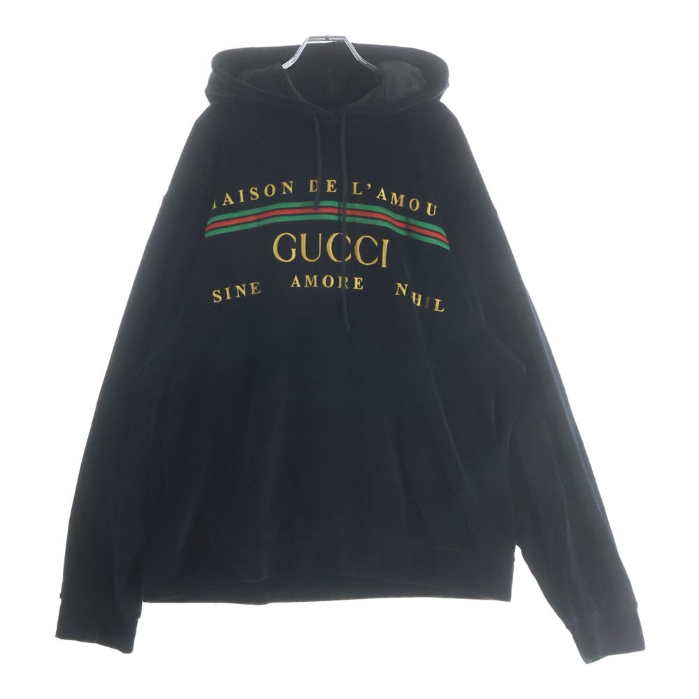 GUCCI(グッチ) Chenille Embroidered Velvet Hoodie ジェニール刺繍入りベロアフーディー プルオーバーパーカー ブラック 595530