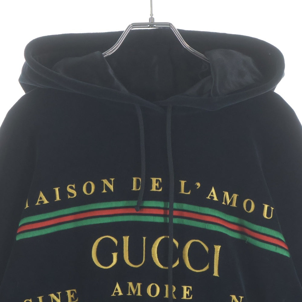 GUCCI(グッチ) Chenille Embroidered Velvet Hoodie ジェニール刺繍入りベロアフーディー プルオーバーパーカー ブラック 595530