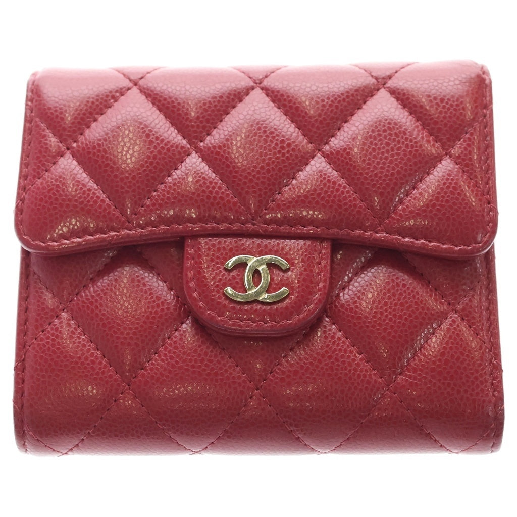 CHANEL(シャネル) マトラッセ 二つ折り財布 コンパクトウォレット コインケース キャビアスキン レッド ゴールド金具 レディース