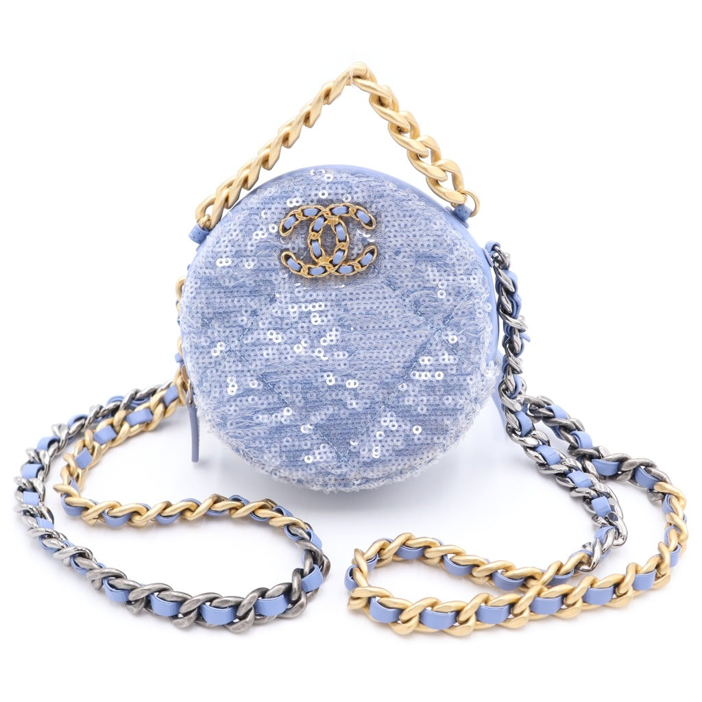 CHANEL(シャネル) シャネル19 スパンコール ラウンド チェーンショルダーバック ライトブルー 30番台 AP0945 レディース