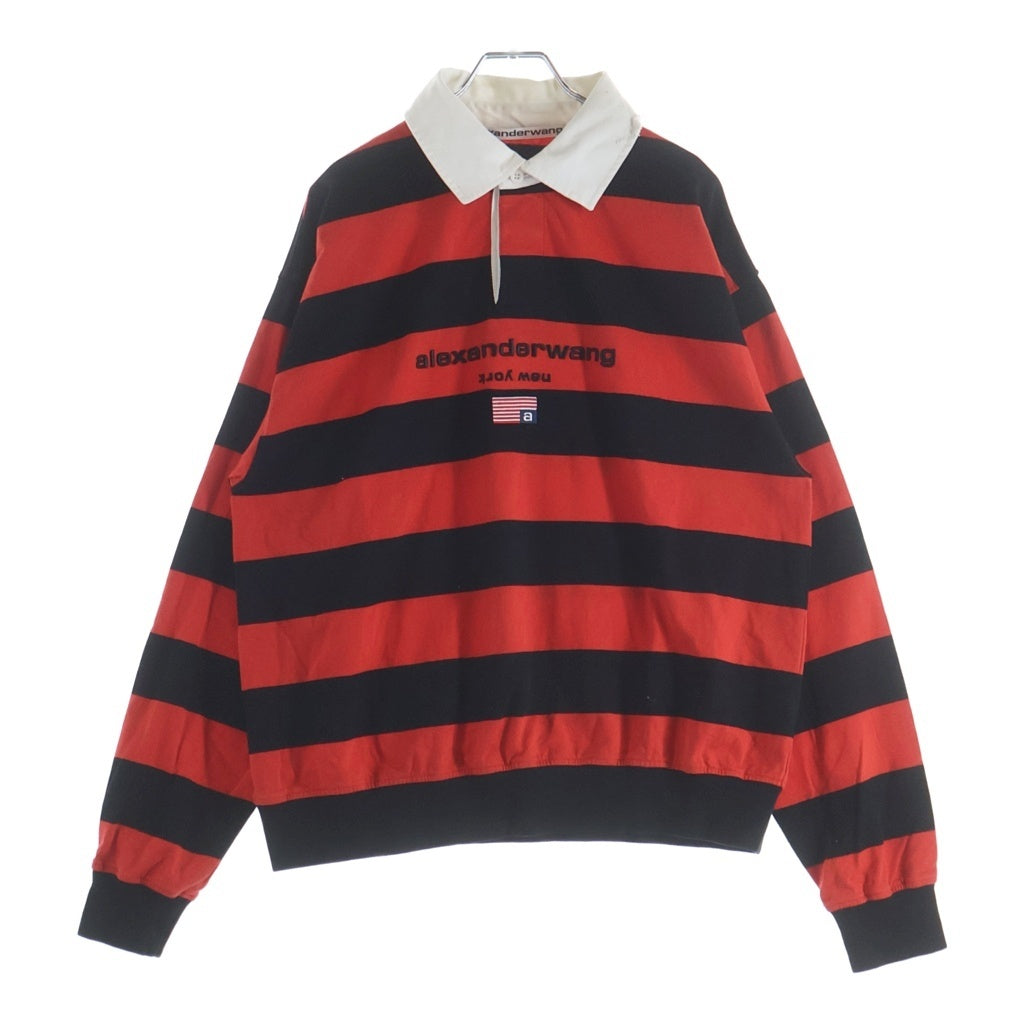 ALEXANDER WANG(アレキサンダーワン) フロントロゴ ボーダー ロングスリーブ ラガーシャツ ブラック/レッド