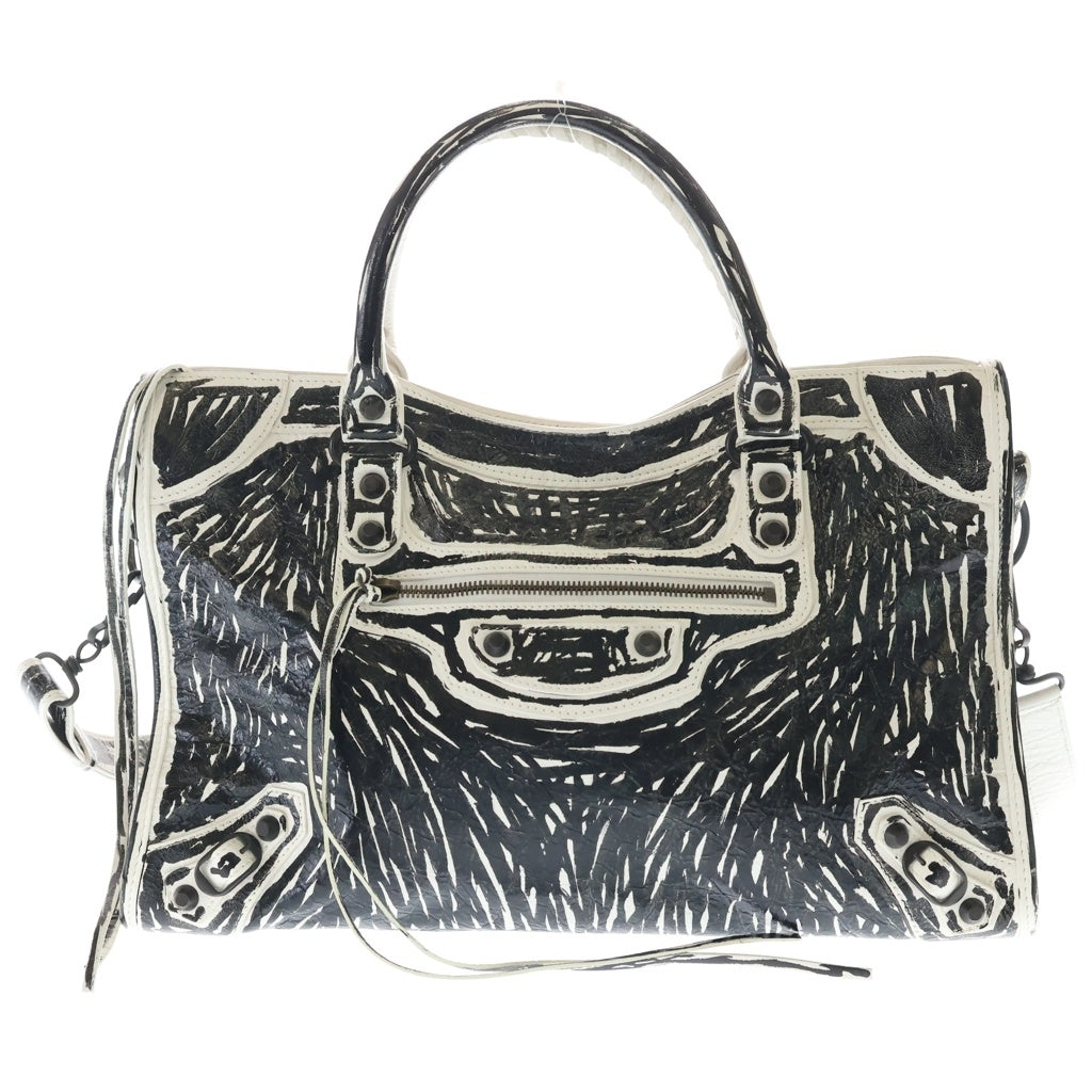 BALENCIAGA(バレンシアガ) Le City バッグ ミディアム ホワイトスノー セミシャイニーアリーナラムスキン ブラックマークプリント ブラスハードウェア ブラック/ホワイト 823058 9110 レディース