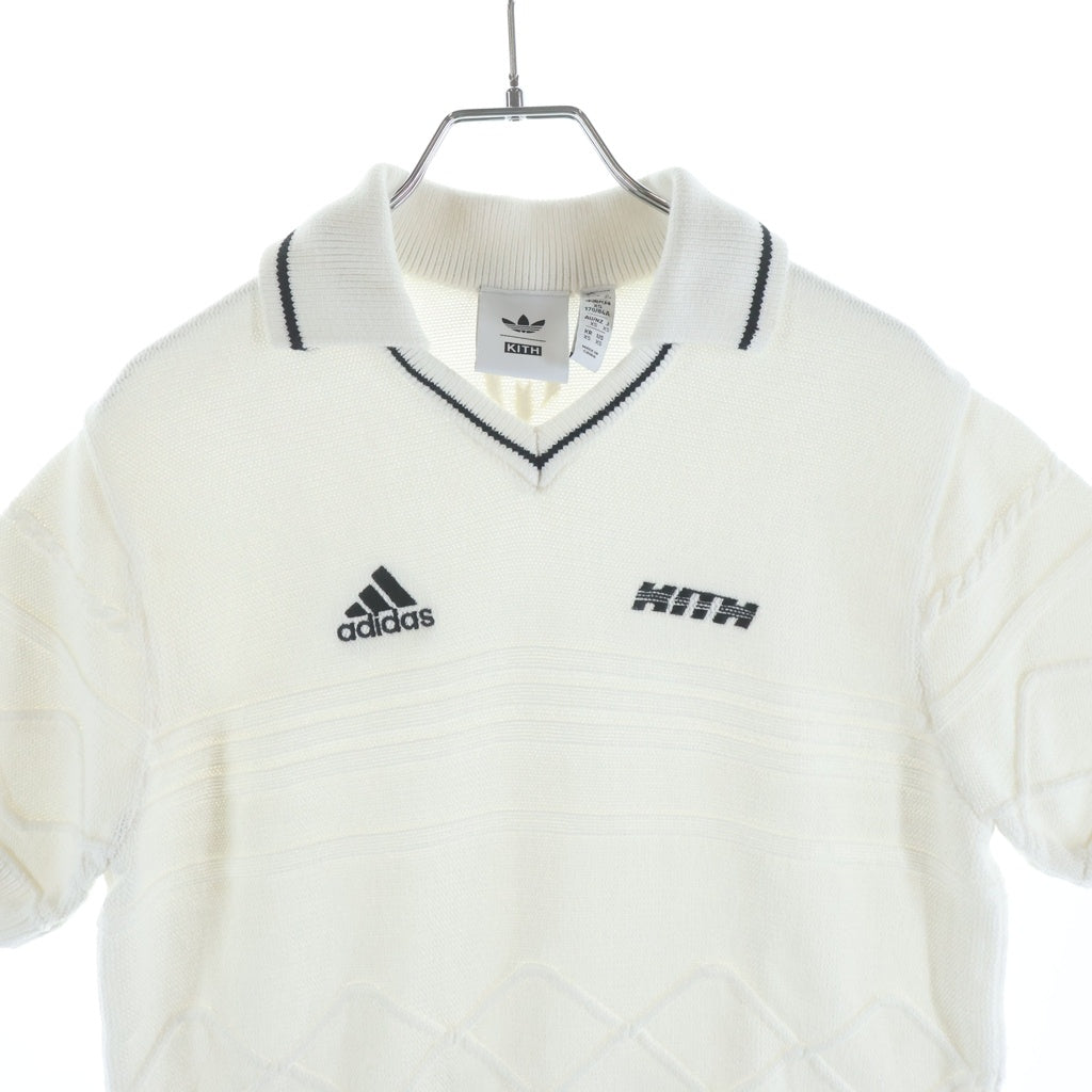 KITH(キス) ×adidas Football Knit Polo フロントロゴ刺繍 半袖ニットポロシャツ ホワイト KU4269