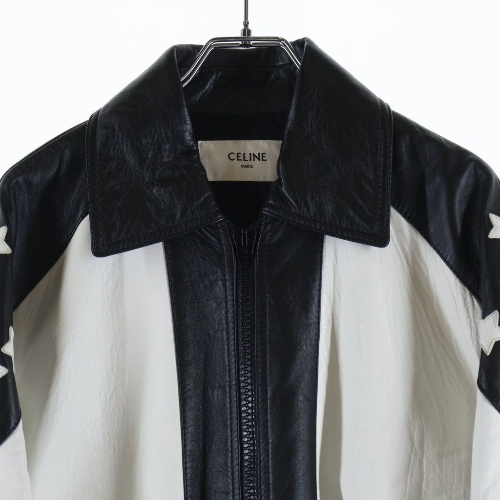 CELINE(セリーヌ) 22AW by Hedi Slimane SOFT LAMBSKIN FLAG TEDDY JACKET エディ期 バイカラー ソフトラムスキン テディジャケット ブラック/ホワイト 2ED47577H