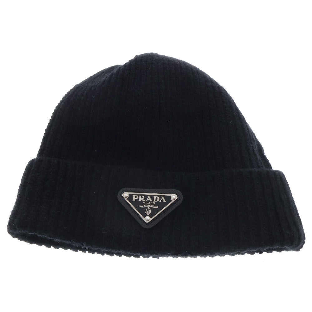 PRADA(プラダ) 三角プレート ロゴ ニット帽 ビーニーブラック ウール S UMD489 帽子 ユニセックス