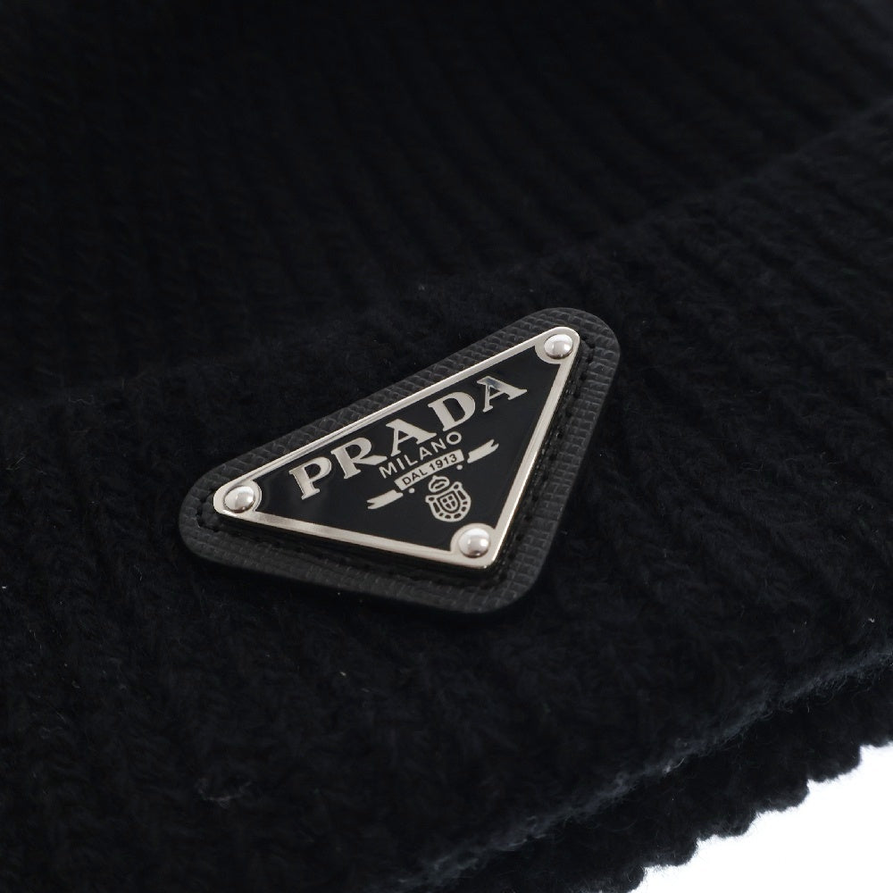 PRADA(プラダ) 三角プレート ロゴ ニット帽 ビーニーブラック ウール S UMD489 帽子 ユニセックス