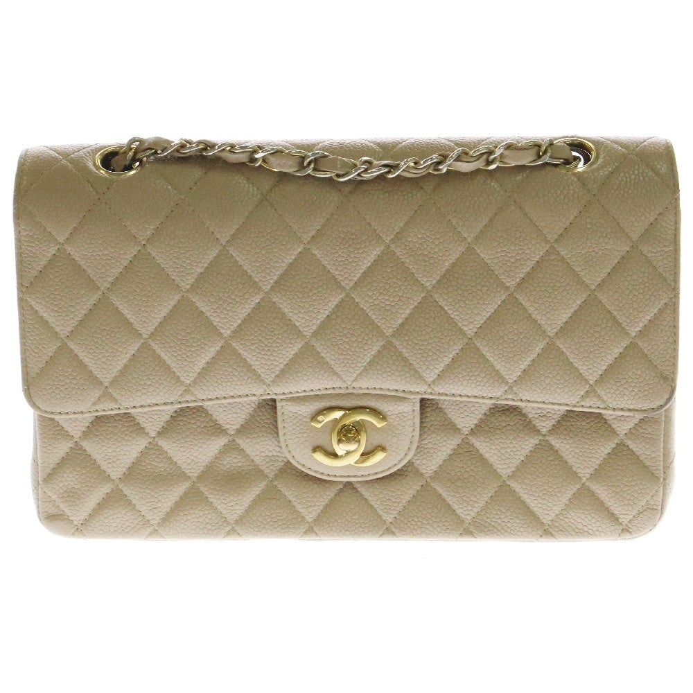 CHANEL(シャネル) マトラッセ25 WフラップWチェーンショルダーバッグ ベージュ キャビアスキン ゴールド金具