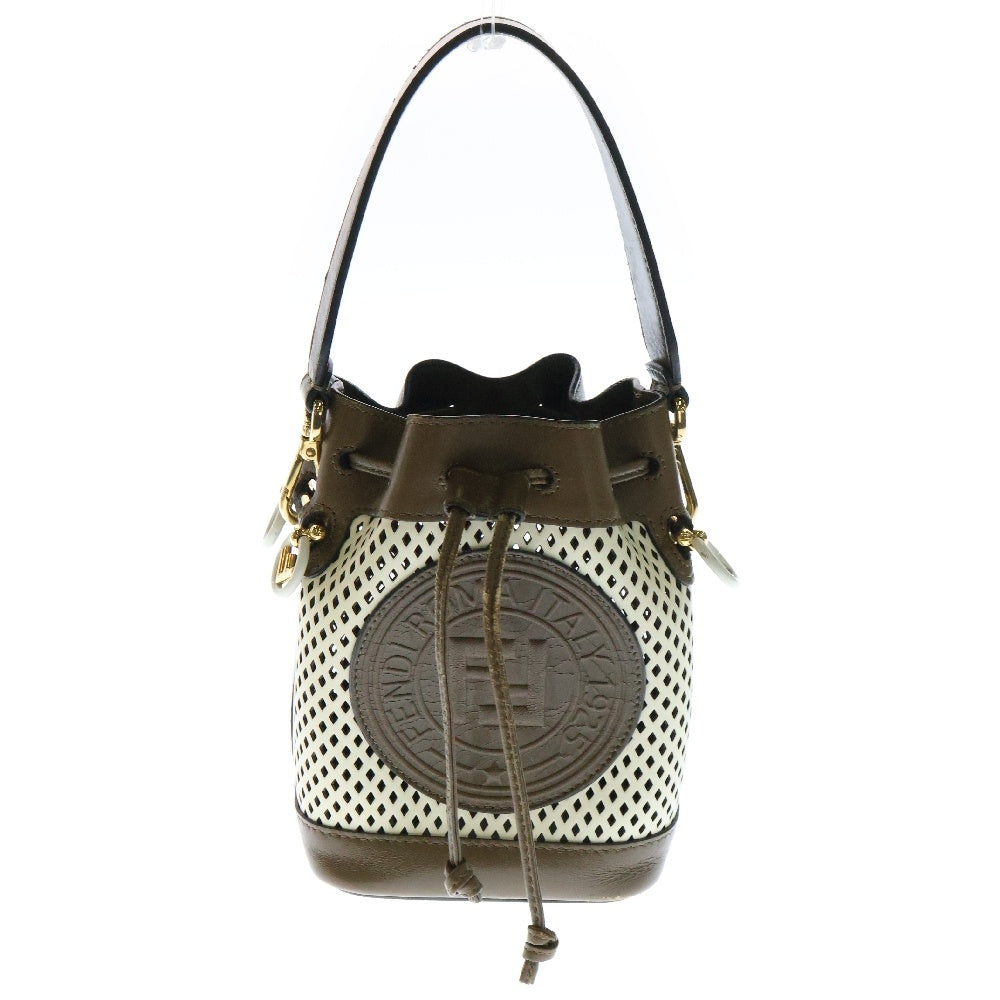FENDI(フェンディ) FF モントレゾール バケット2WAYバッグ ハンドバッグ ショルダーバッグ ミニバッグ ブラウン×ホワイト レザー ゴールド金具 8BS010