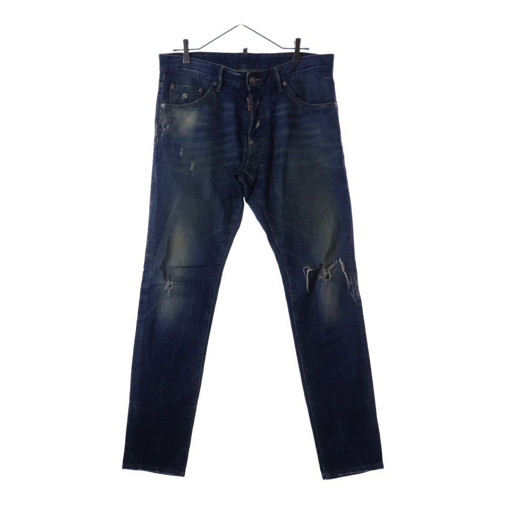 DSQUARED2(ディースクエアード) ダメージ加工 レザーパッチ ボタンフライ スリムスキニー デニムパンツ ジーンズ インディゴ