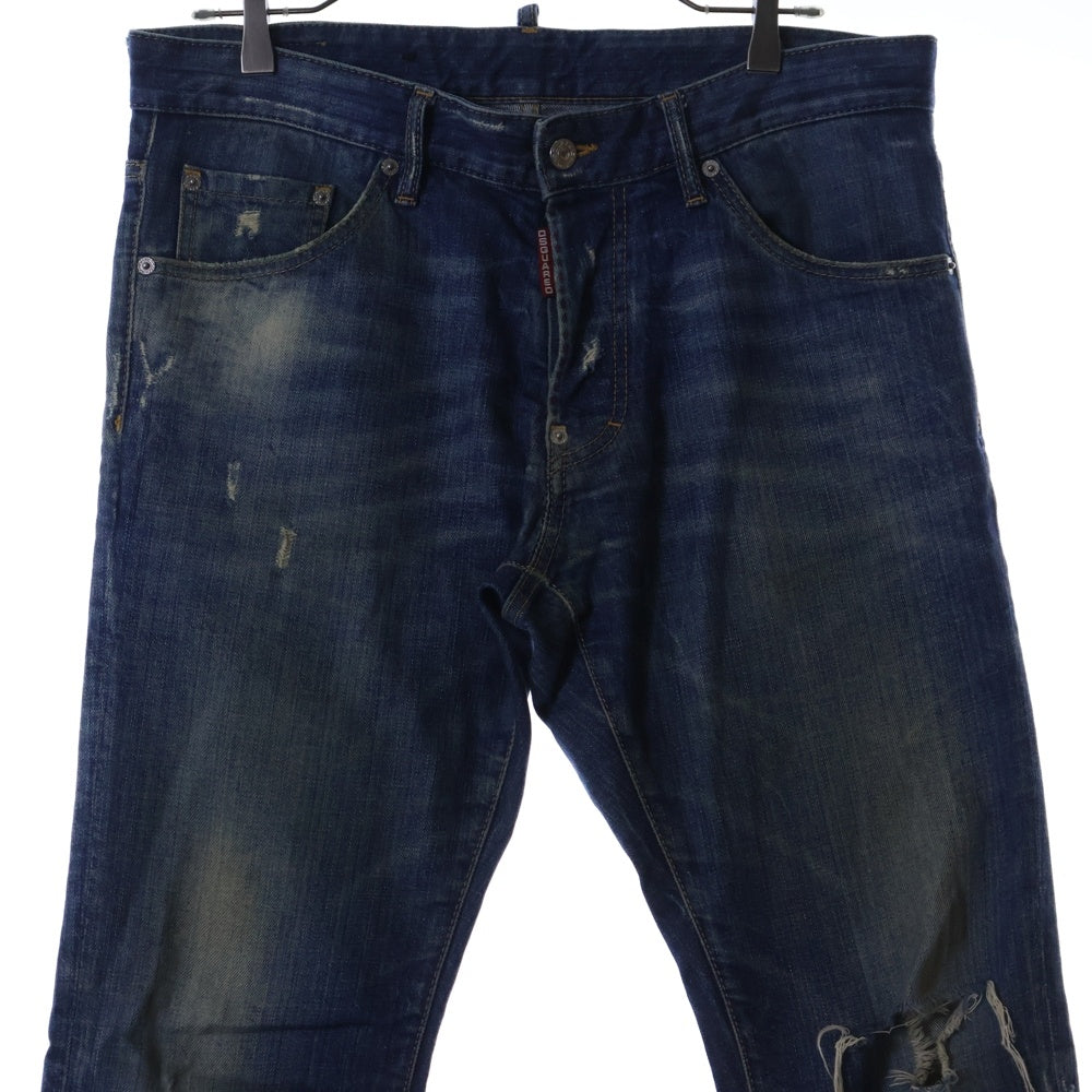 DSQUARED2(ディースクエアード) ダメージ加工 レザーパッチ ボタンフライ スリムスキニー デニムパンツ ジーンズ インディゴ