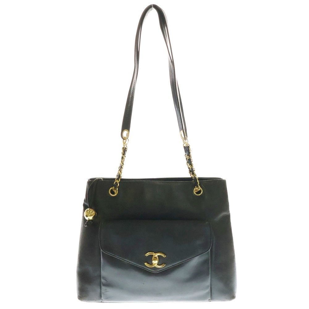 CHANEL(シャネル) ターンロック チェーントートバッグ ハンドバッグ ブラック カーフスキン ゴールド金具