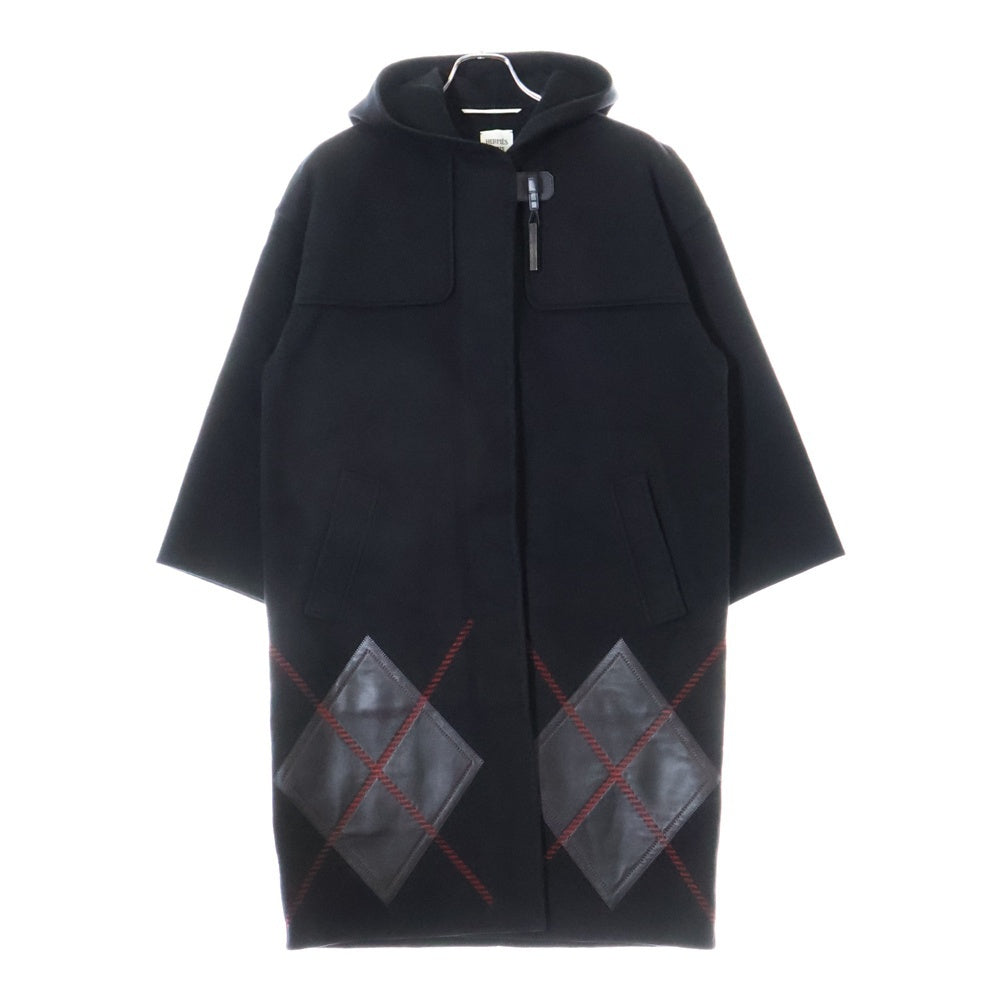 HERMES(エルメス) セリエボタン ラムレザーパッチ アーガイルチェック柄 カシミヤ フーデッド ダッフルコート ブラック 3H0133DA