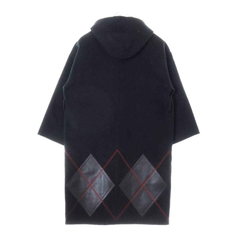 HERMES(エルメス) セリエボタン ラムレザーパッチ アーガイルチェック柄 カシミヤ フーデッド ダッフルコート ブラック 3H0133DA