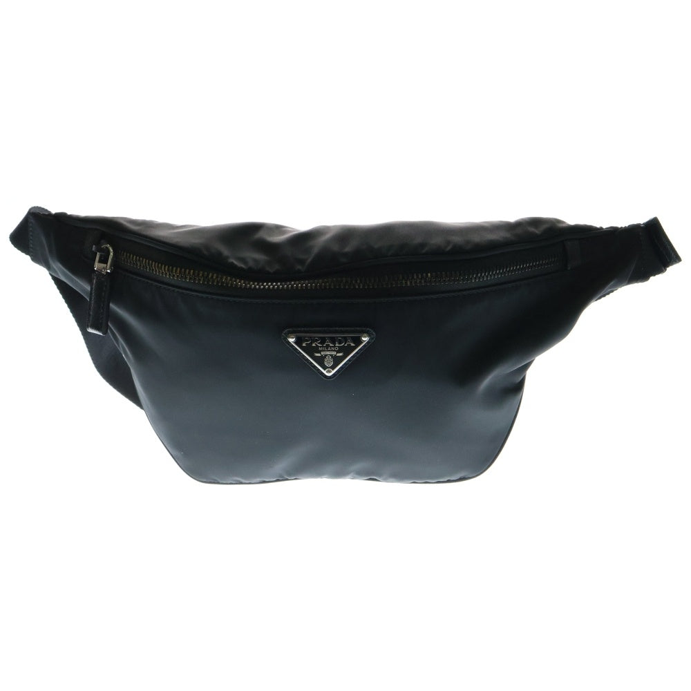PRADA(プラダ) Re-Nylon サフィアーノレザー トライアングルロゴプレート ベルトバッグ ウエストポーチ ショルダー ボディバッグ シルバー金具 ブラック 2VL033
