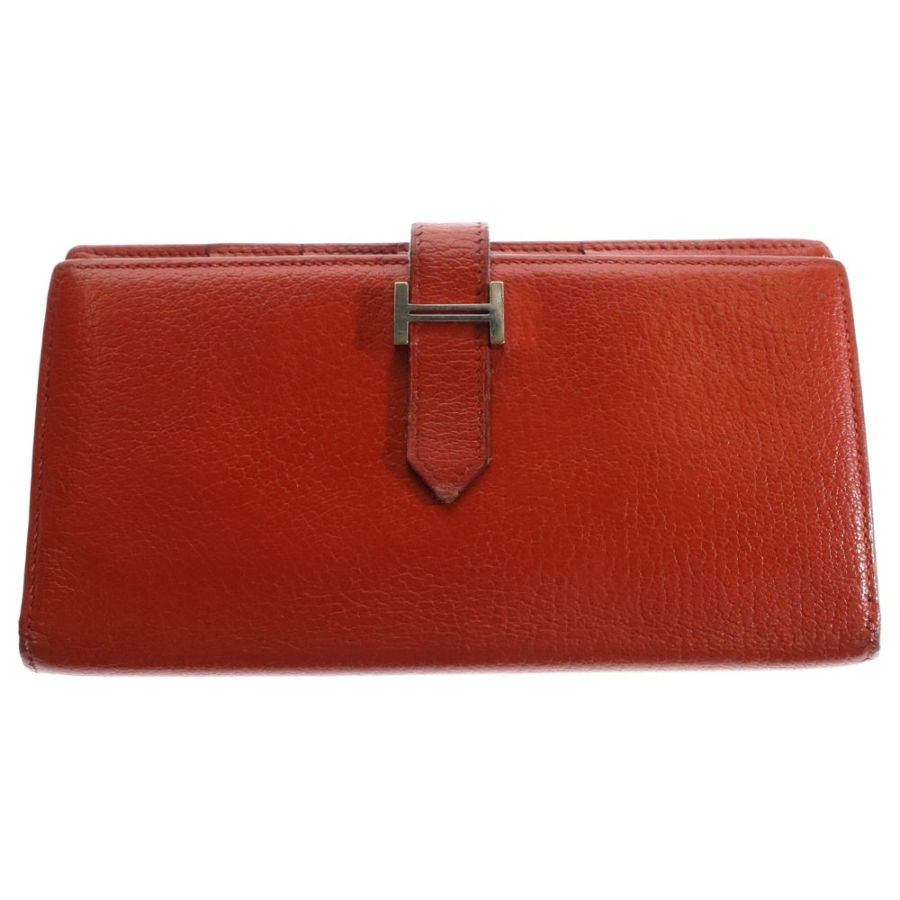 HERMES(エルメス) ベアンスフレ シェーブル ロングウォレット カードケース 長財布 レッド シルバー金具 レザー □J刻印