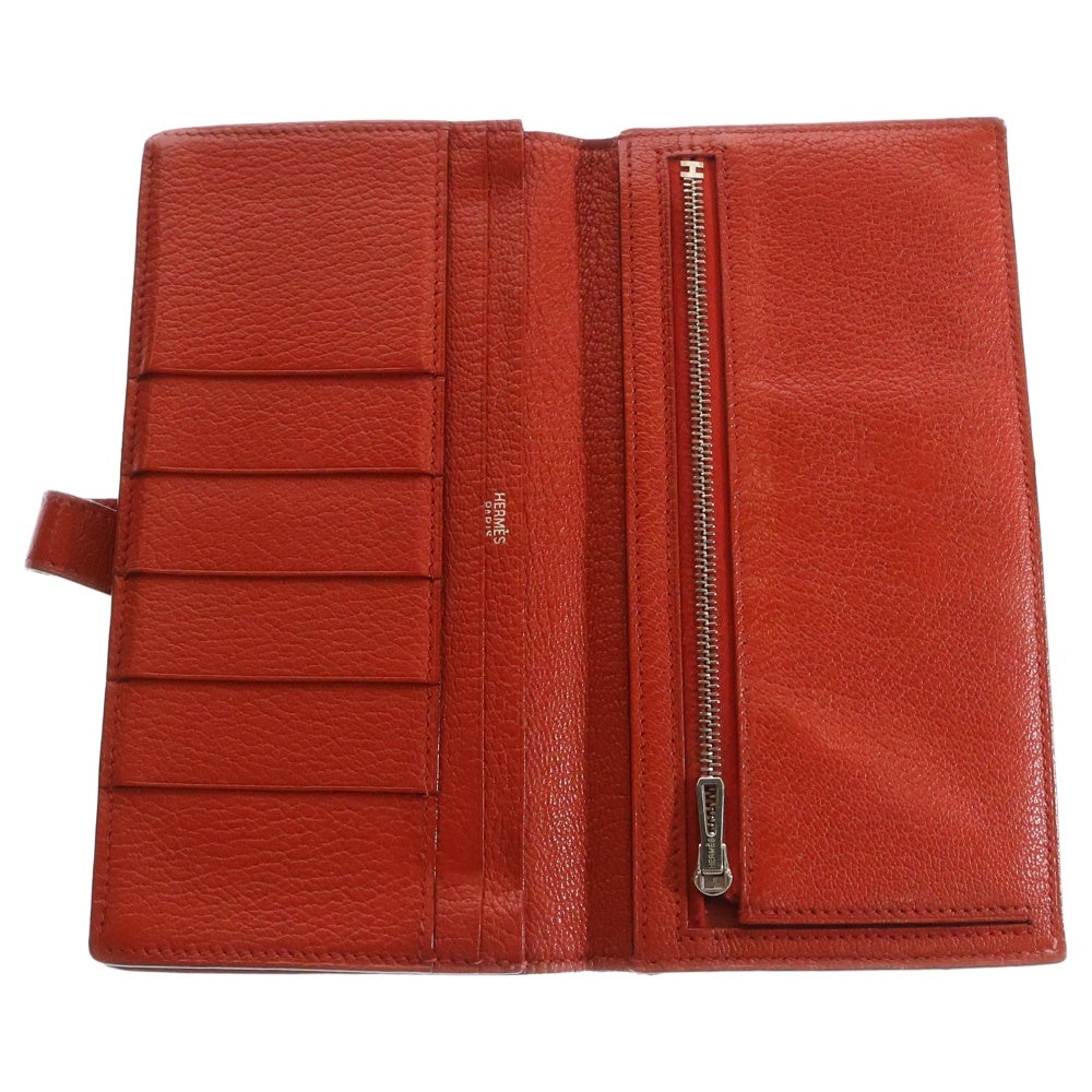 HERMES(エルメス) ベアンスフレ シェーブル ロングウォレット カードケース 長財布 レッド シルバー金具 レザー □J刻印