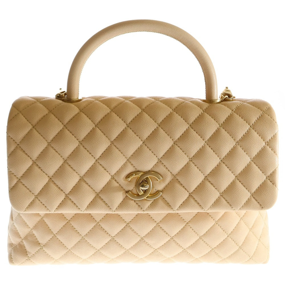CHANEL(シャネル) ココハンドル32 ココマーク キャビアスキン レザー トップハンドル 2WAY ハンド ショルダーバッグ ゴールド金具 ベージュ 23番台