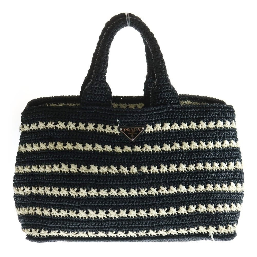 PRADA(プラダ) カナパ ラフィア トライアングルロゴプレート カゴ ハンド トートバッグ シルバー金具 ブラック/ホワイト