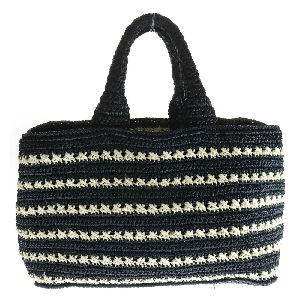 PRADA(プラダ) カナパ ラフィア トライアングルロゴプレート カゴ ハンド トートバッグ シルバー金具 ブラック/ホワイト