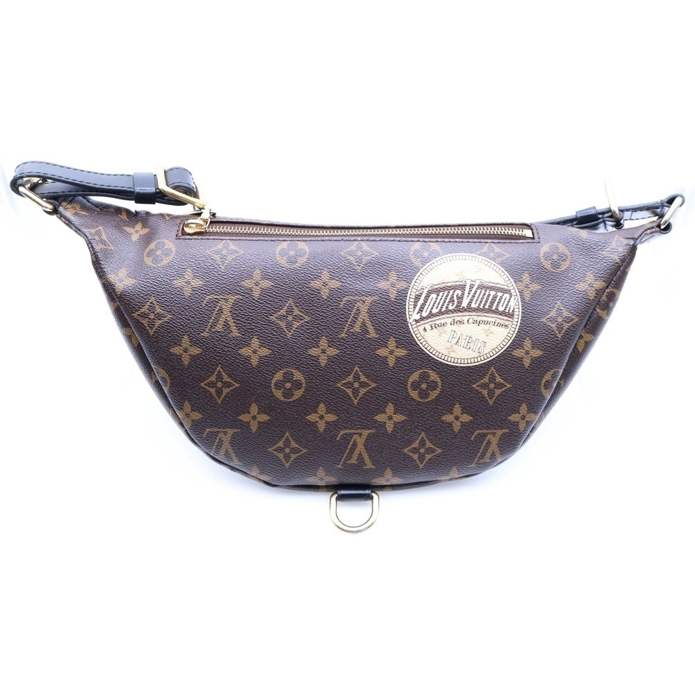 LOUIS VUITTON(ルイヴィトン) マイLV ワールドツアー バムバッグ モノグラム PARIS LVロゴプリント PVC レザー ショルダー ボディバッグ ゴールド金具 ブラウン/ブラック P01127
