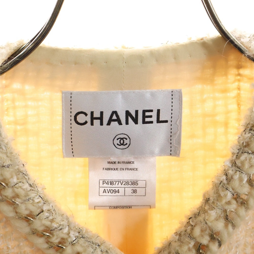 CHANEL(シャネル) ココマークボタン チェーン装飾 ウール ツイード ノーカラー ロングジャケット ホワイト/ベージュ レディース P41877V28385