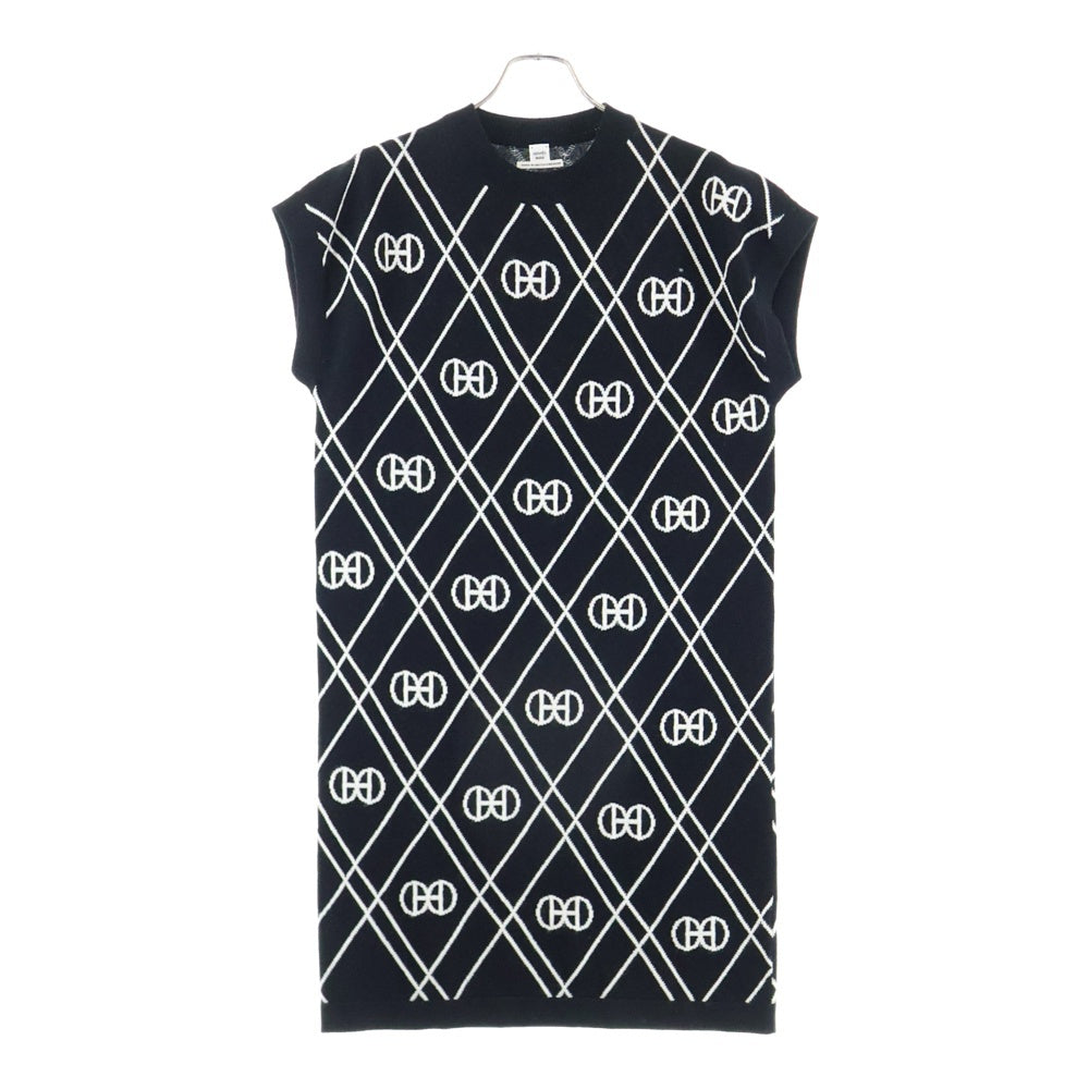 HERMES(エルメス) 22SS H Rond ロンド チェック総柄ジャガード カシミヤ クルーネック ノースリーブ ニット ミディアム ワンピース ブラック レディース 2E2513DT