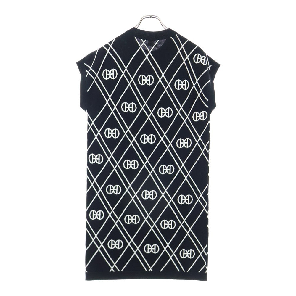 HERMES(エルメス) 22SS H Rond ロンド チェック総柄ジャガード カシミヤ クルーネック ノースリーブ ニット ミディアム ワンピース ブラック レディース 2E2513DT