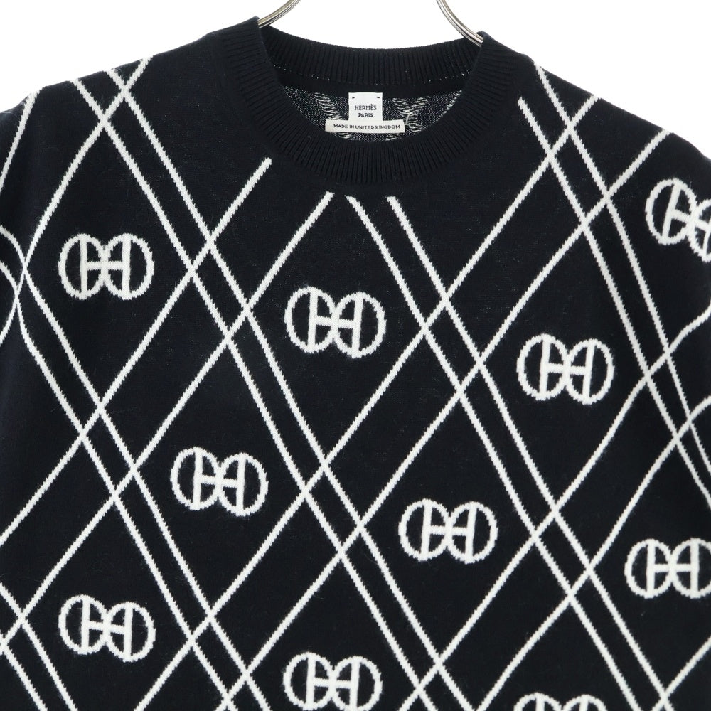 HERMES(エルメス) 22SS H Rond ロンド チェック総柄ジャガード カシミヤ クルーネック ノースリーブ ニット ミディアム ワンピース ブラック レディース 2E2513DT
