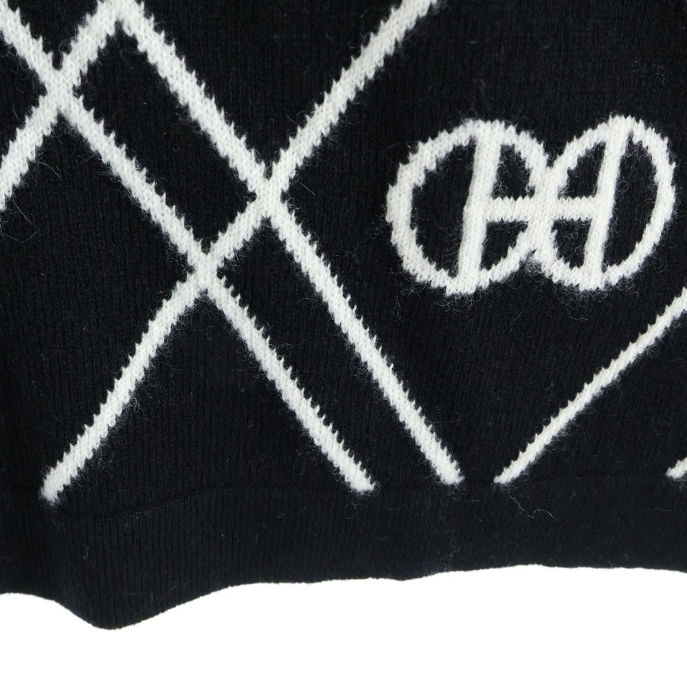 HERMES(エルメス) 22SS H Rond ロンド チェック総柄ジャガード カシミヤ クルーネック ノースリーブ ニット ミディアム ワンピース ブラック レディース 2E2513DT