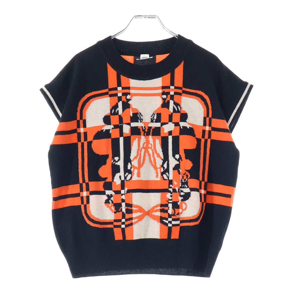 HERMES(エルメス) 23AW BRIDES de GARA ブリッド ドゥ ガラ 総柄ジャガード クルーネック ノースリーブ プルオーバー ニット セーター ブラック/オレンジ レディース 3H2608DD