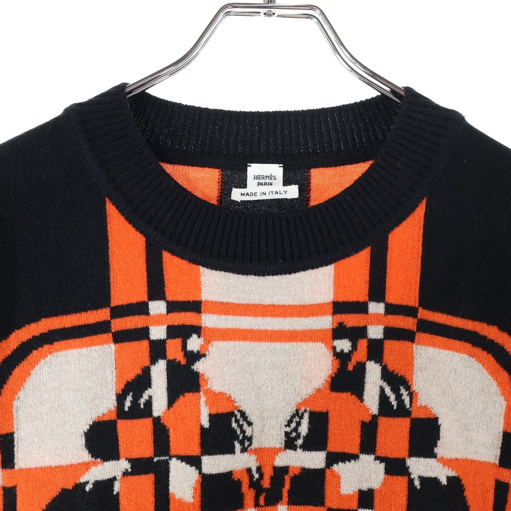 HERMES(エルメス) 23AW BRIDES de GARA ブリッド ドゥ ガラ 総柄ジャガード クルーネック ノースリーブ プルオーバー ニット セーター ブラック/オレンジ レディース 3H2608DD
