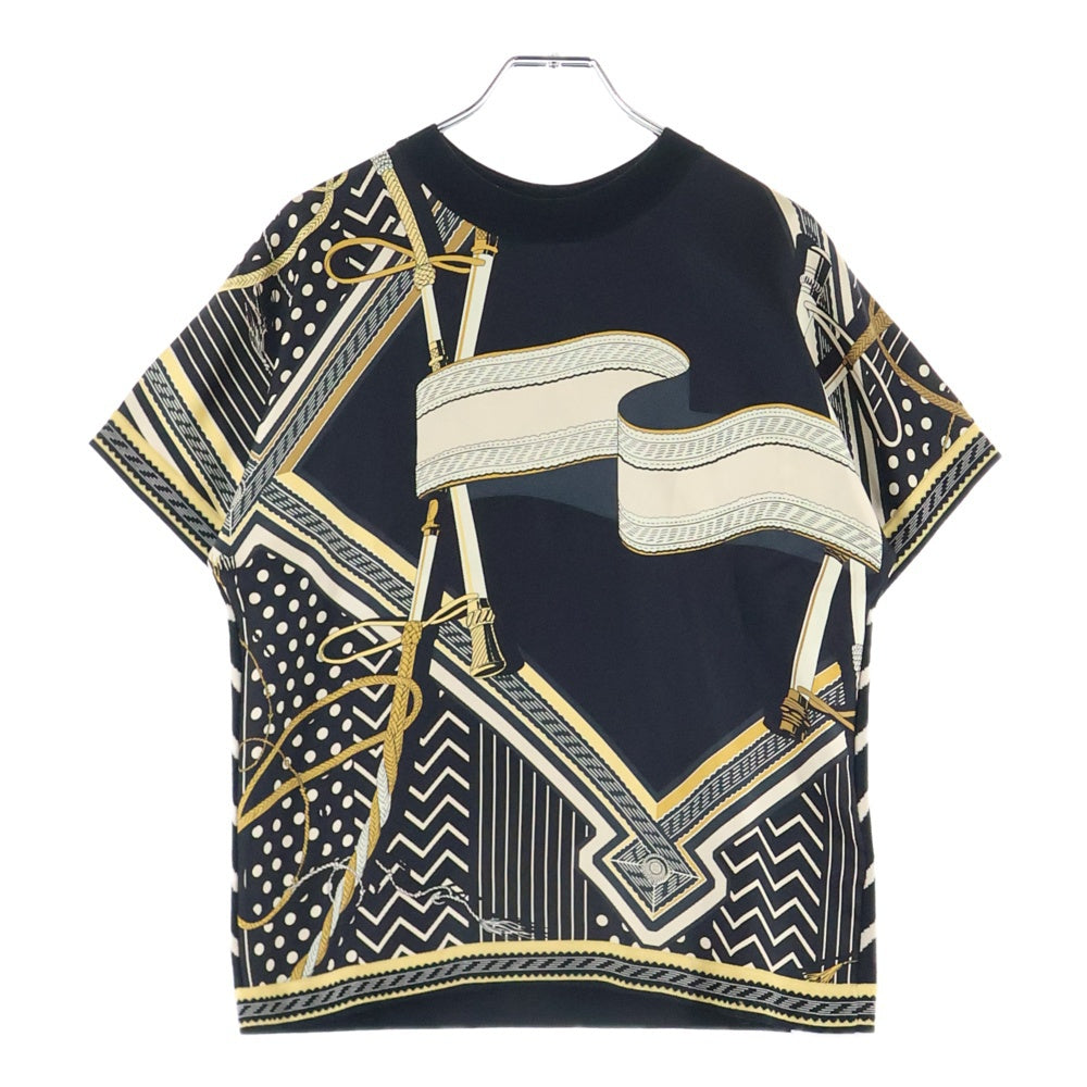 HERMES(エルメス) 23AW 総柄プリント シルク スカーフ切り替え クルーネック 半袖ニット セーター ブラック レディース 3H2830D9