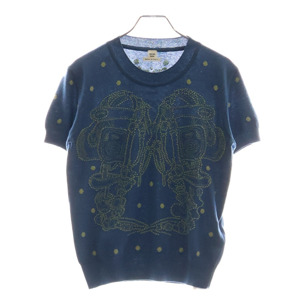 HERMES(エルメス) 23SS BRIDES de GALA ブリッド ドゥ ガラ ドット柄 ジャガード カシミヤ クルーネック 半袖ニット セーター ブルー レディース 3E2623D8