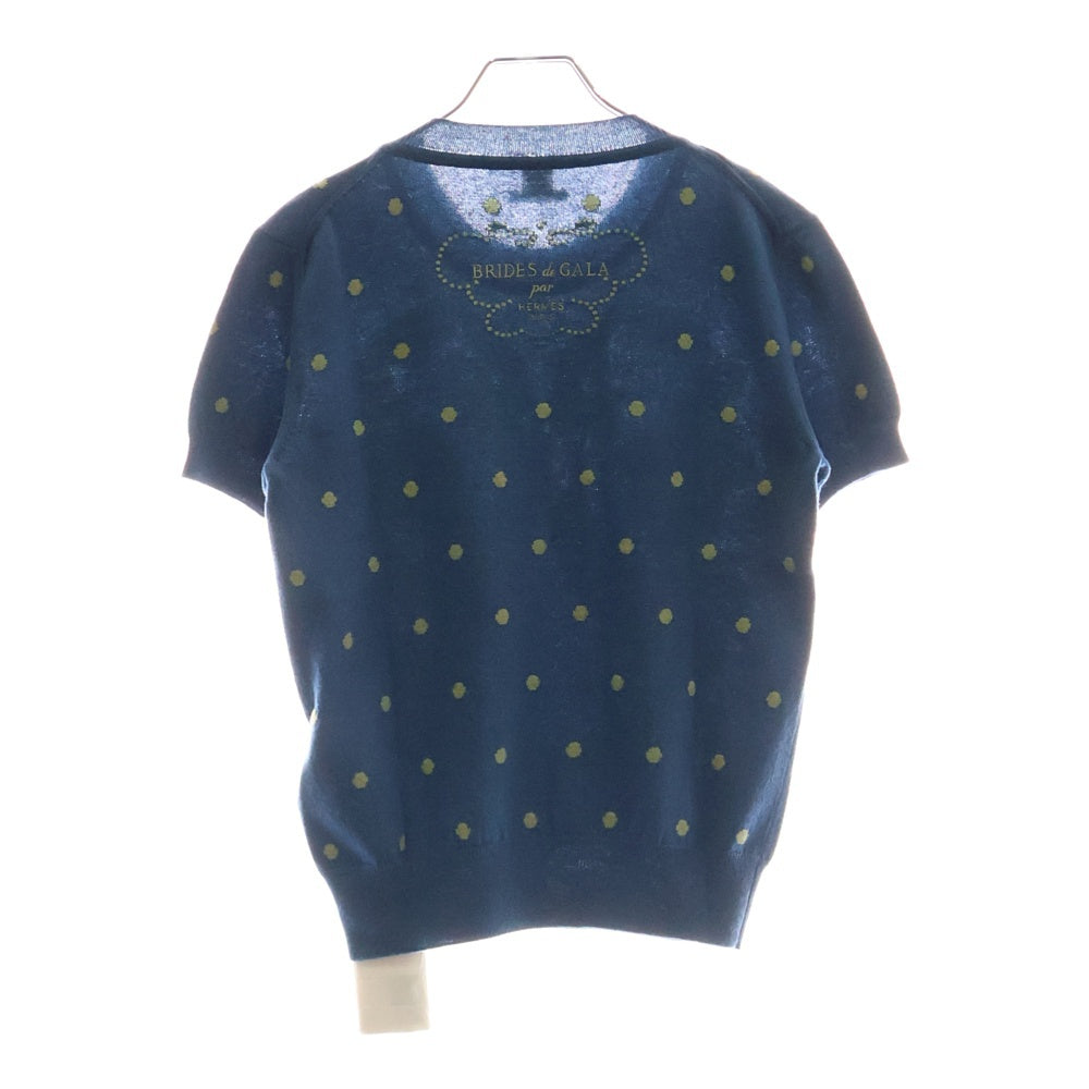 HERMES(エルメス) 23SS BRIDES de GALA ブリッド ドゥ ガラ ドット柄 ジャガード カシミヤ クルーネック 半袖ニット セーター ブルー レディース 3E2623D8